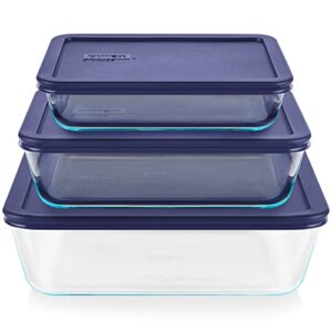 pyrex simply store 6-pc glass food storage container set with lids, 3-cup, 6-cup, & 11-cup rectangular meal prep containers with lid, bpa-free lid, dishwasher, microwave and freezer safe