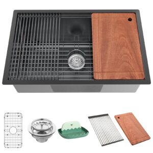 black kitchen sink workstation, 19x30 inch stainless steel drop in single bowl bar sink nice modern kitchen ledge sink gift combo-ss grid,drying rack,cutting board,utensil rest and drain strainer set