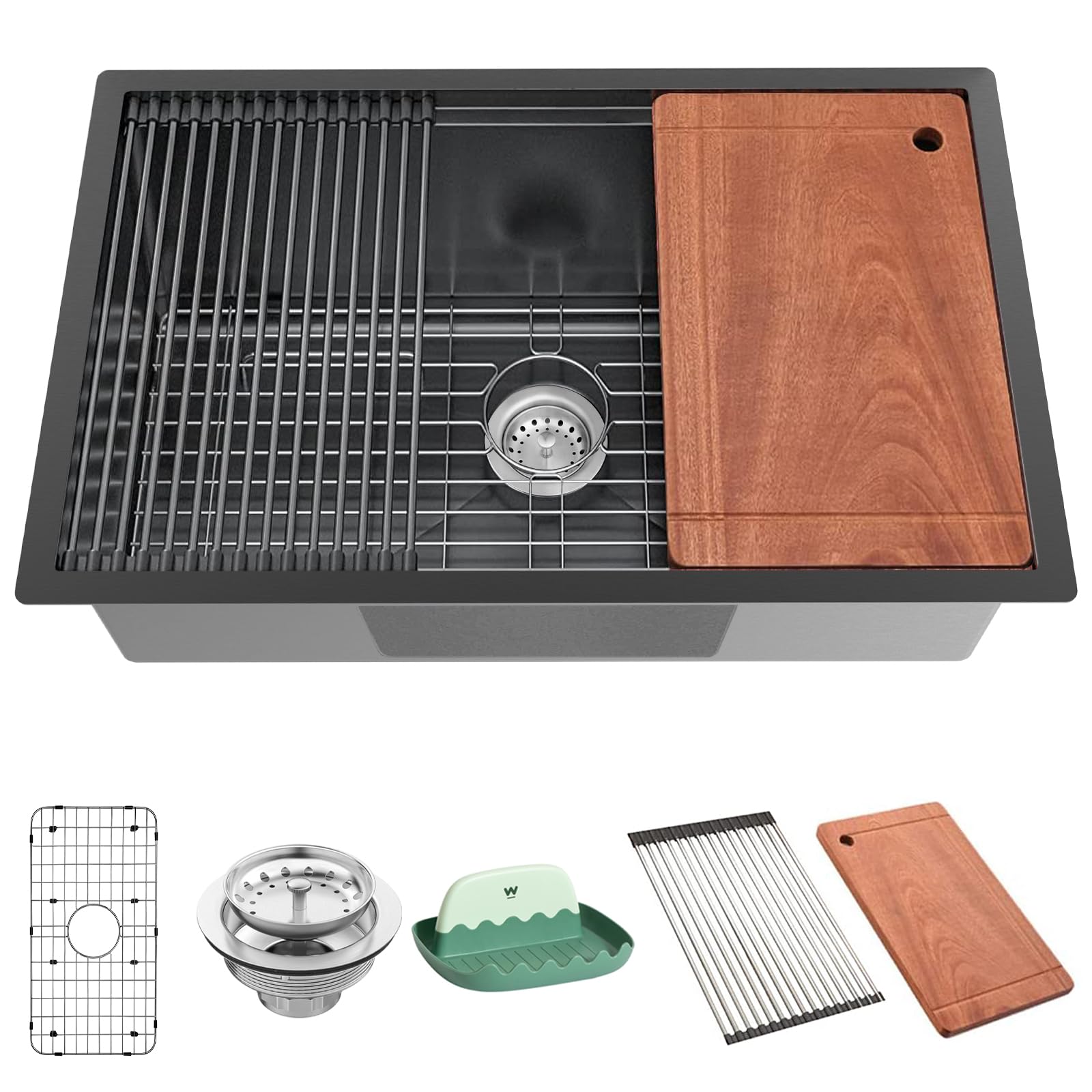 Black Kitchen Sink Workstation, 19x30 Inch Stainless Steel Drop In Single Bowl Bar Sink Nice Modern Kitchen Ledge Sink Gift Combo-SS Grid,Drying Rack,Cutting Board,Utensil Rest And Drain Strainer Set