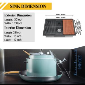 Black Kitchen Sink Workstation, 19x30 Inch Stainless Steel Drop In Single Bowl Bar Sink Nice Modern Kitchen Ledge Sink Gift Combo-SS Grid,Drying Rack,Cutting Board,Utensil Rest And Drain Strainer Set