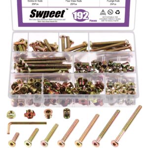 swpeet 192pcs m6 × 20/30/40/50/60/70/80mm color zinc hex socket head cap crib baby bed bolt and threaded insert nuts with flange nuts and 4 pronged tee t nuts kit with allen wrench