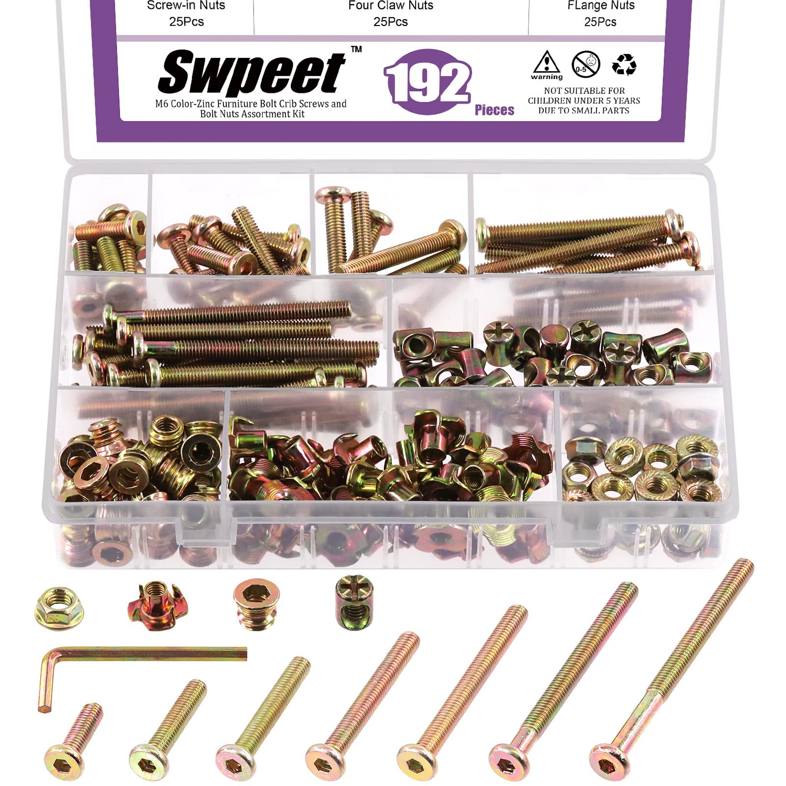 Swpeet 192Pcs M6 × 20/30/40/50/60/70/80mm Color Zinc Hex Socket Head Cap Crib Baby Bed Bolt and Threaded Insert Nuts with Flange Nuts and 4 Pronged Tee T Nuts Kit with Allen Wrench