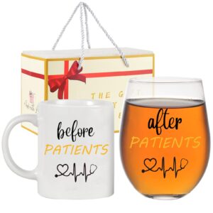 dsekoxi nurse gifts, before patients, after patients 11 oz coffee mug and 18 oz stemless wine glass gifts set, perfect as a gifts for nurse, dentist, respiratory therapist, physician assistant