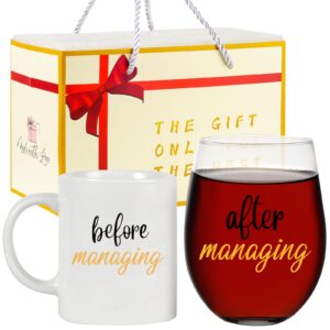 gifts for women, before managing, after managing 11 oz coffee mug and 18 oz stemless wine glass set, unique boss lady appreciation gifts for women, her, mom, coworker, manager, teacher, boss