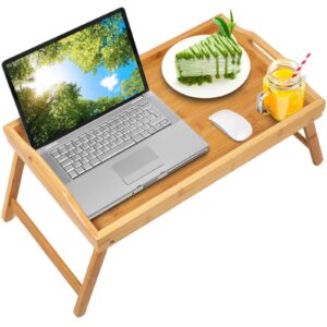 Bed Tray Bamboo Breakfast Food Tray with Folding Legs Kitchen Platters Serving Tray for Bed TV Table Desk Laptop Computer Snack Tray (White Beige, Large)