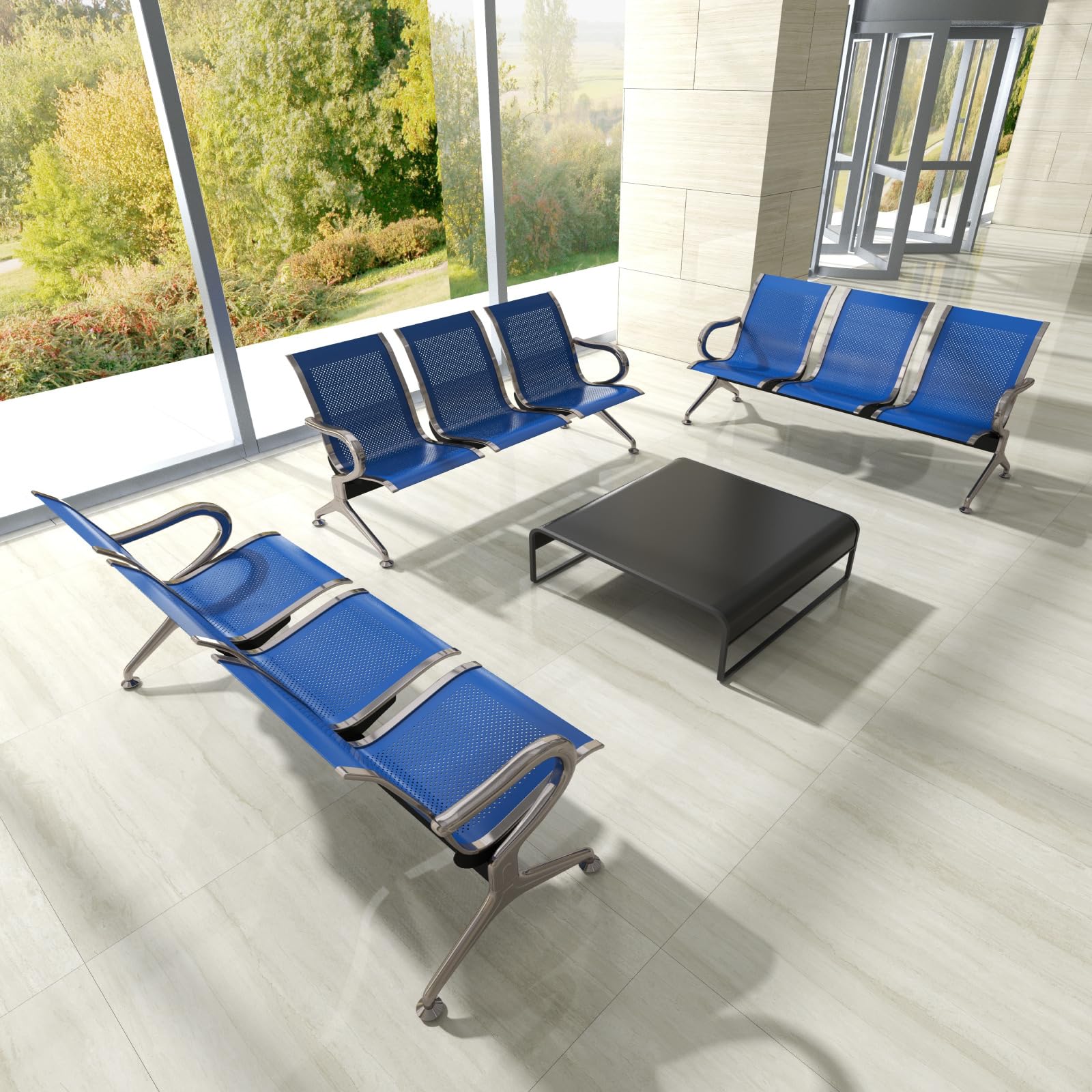 Kinsuite Set of 2 Waiting Room Chairs with Arms - 3-Seat Airport Reception Bench Waiting Room Bench, Lobby Bench Seating for Business Hospital Market, Blue