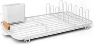 full circle dish jockey dish drying rack – space saving drying rack for kitchen counter – stainless steel and recycled plastic drainer with holders for plates, cutlery, pots and pans