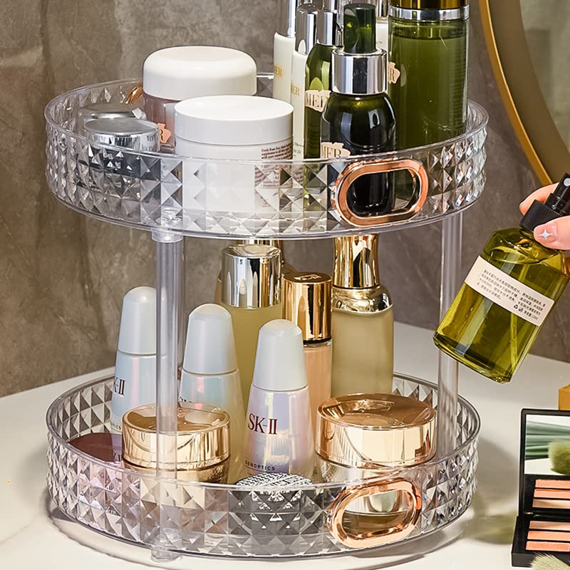 ROWNYEON Rotating Makeup Organizer 2 Tier Skincare Organizers with handle Bathroom, Diamond Texture Perfume Organizer Makeup Carousel for Vanity, Cabinets, Pantry, Fridge, Countertops, Kitchen