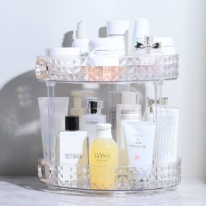 ROWNYEON Rotating Makeup Organizer 2 Tier Skincare Organizers with handle Bathroom, Diamond Texture Perfume Organizer Makeup Carousel for Vanity, Cabinets, Pantry, Fridge, Countertops, Kitchen