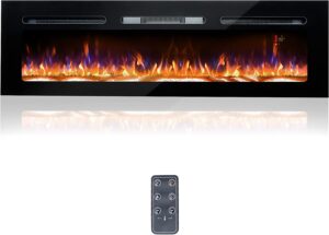 good & gracious electric fireplace,1500w recessed & wall mounted electrical fireplace with bracket, ultra thin, low noise, remote control, timer, logset & crystal, adjustable flame color, black, 60"