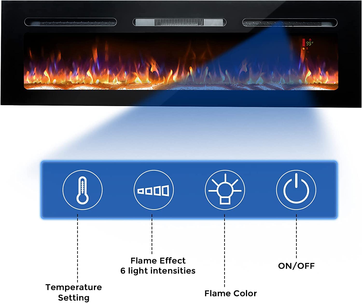 GOOD & GRACIOUS Electric Fireplace,1500W Recessed & Wall Mounted Electrical Fireplace with Bracket, Ultra Thin, Low Noise, Remote Control, Timer, Logset & Crystal, Adjustable Flame Color, Black, 60"