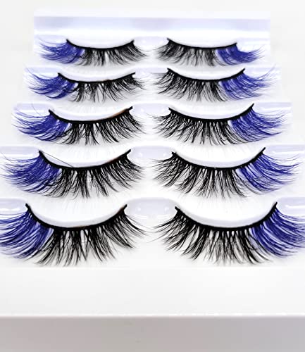 MISSLADY 16mm 5 Pairs Pack 3D Faux Mink Eyelashes with Blue Ends Colored Lashes (FM-204, 8-16mm, Black with Blue Ends, 5 Pairs)