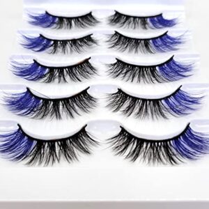 MISSLADY 16mm 5 Pairs Pack 3D Faux Mink Eyelashes with Blue Ends Colored Lashes (FM-204, 8-16mm, Black with Blue Ends, 5 Pairs)