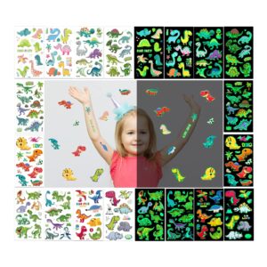 350pcs+ (30 sheets) glow in the dark temporary tattoos for kids, waterproof luminous fake tattoo sticker mixed style with dinosaur unicorns mermaid space sea animals for girls and boys