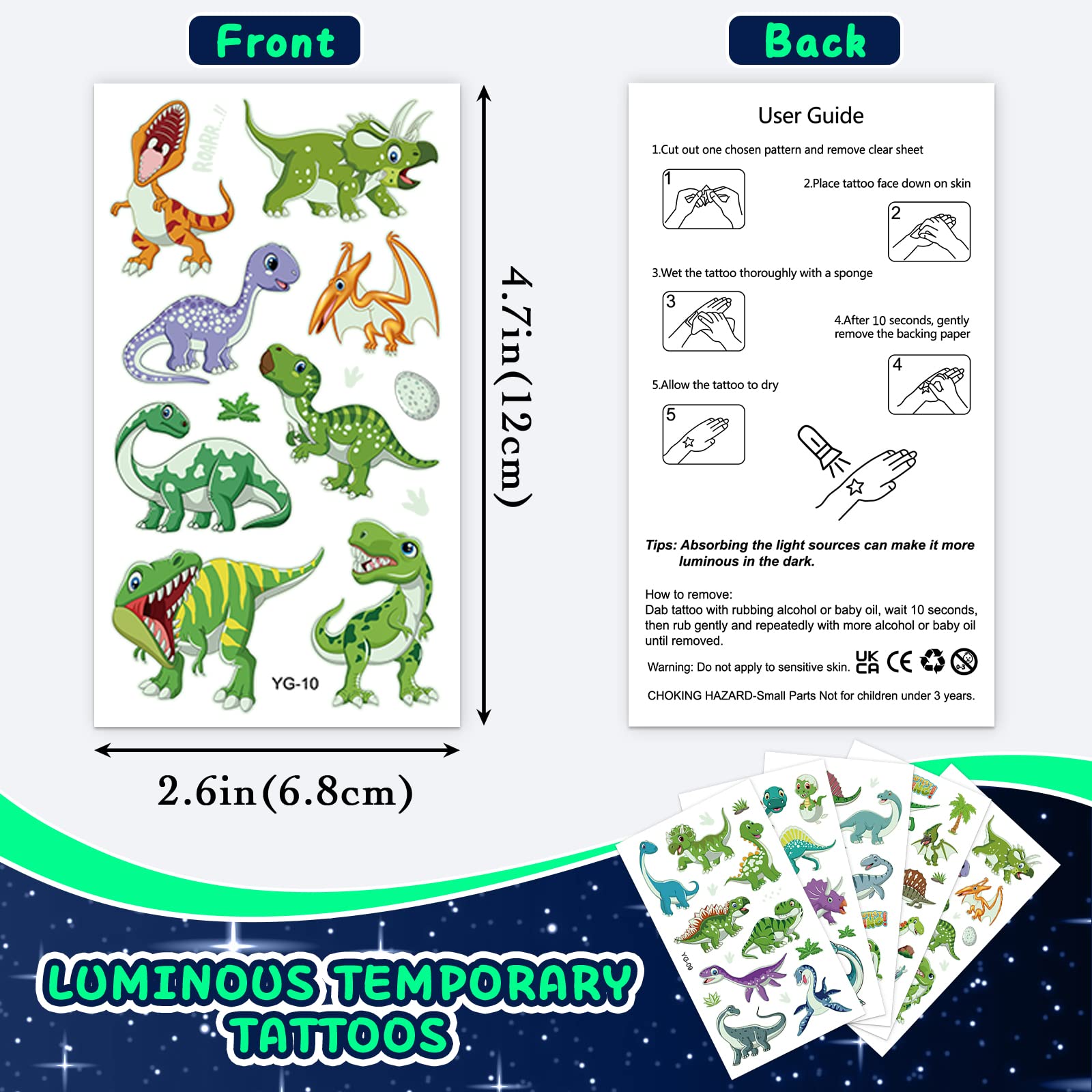 350pcs+ (30 sheets) Glow In The Dark Temporary Tattoos for Kids, Waterproof Luminous Fake Tattoo Sticker Mixed Style With Dinosaur Unicorns Mermaid Space Sea Animals for Girls and Boys