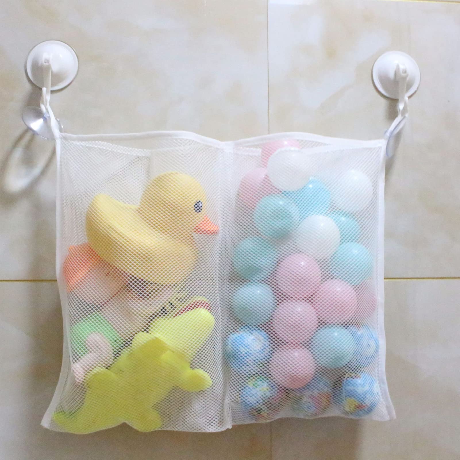 3 Pieces Bath Toy Organizer Bath Toy Holder with Strong Suction Cups and Hooks, Bathtub Toys Net Holder Organizer, Corner Shower Caddy Bag for Kids and Toddlers, Bathroom Hanging Mesh Basket