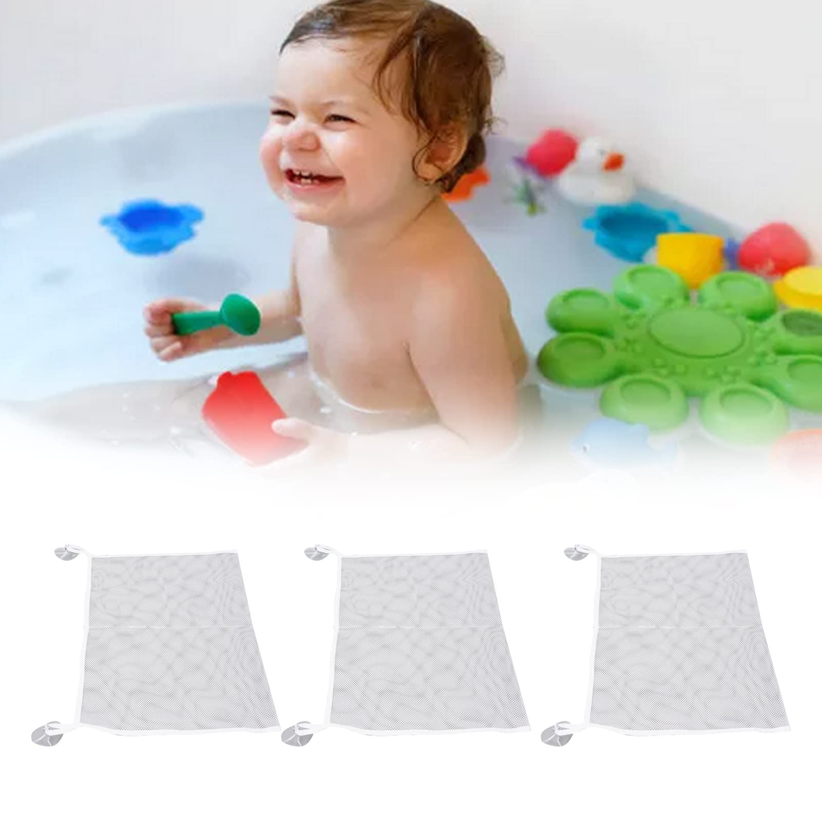 3 Pieces Bath Toy Organizer Bath Toy Holder with Strong Suction Cups and Hooks, Bathtub Toys Net Holder Organizer, Corner Shower Caddy Bag for Kids and Toddlers, Bathroom Hanging Mesh Basket