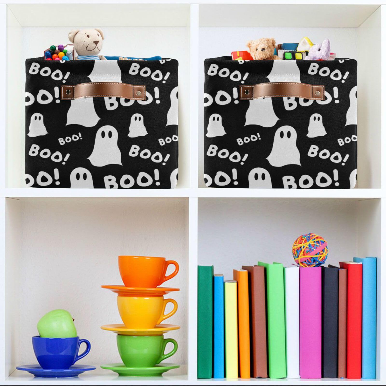 Kigai Foldable Rectangular Storage Baskets - Fabric Shelves Storage Bins with Leather Handles for Organizing Closet Clothes, Toys, Towels, Bedroom, Bathroom, Nursery, Office (Halloween Boo Pattern,1 P