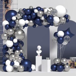 zfunbo navy blue silver balloon garland arch kit, 118pcs navy blue balloon garland blue white silver confetti balloons star foil balloons for graduation birthday baby shower party supplies decorations