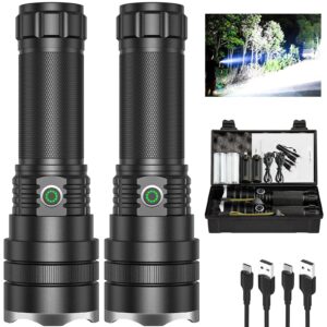 rechargeable flashlights high lumens, 2 pack 250000 lumen super bright led flashlight, powerful handheld flashlights with Βattery & usb cable, waterproof flashlight with 4 modes for camping