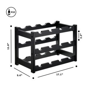 VASMIA Bamboo Wine Rack, Sturdy and Durable Wine Storage Cabinet Shelf, Wine Racks Countertop for Pantry,Kitchen,3-Tier 12 Bottles Wine Rack Black