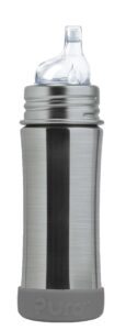 pura kiki 11oz/325ml stainless steel sippy cup bottle w/sleeve, plastic-free, madesafe certified, medical-grade xl silicone sipper spout fast flow for kids, toddlers, babies & infant - slate bumper