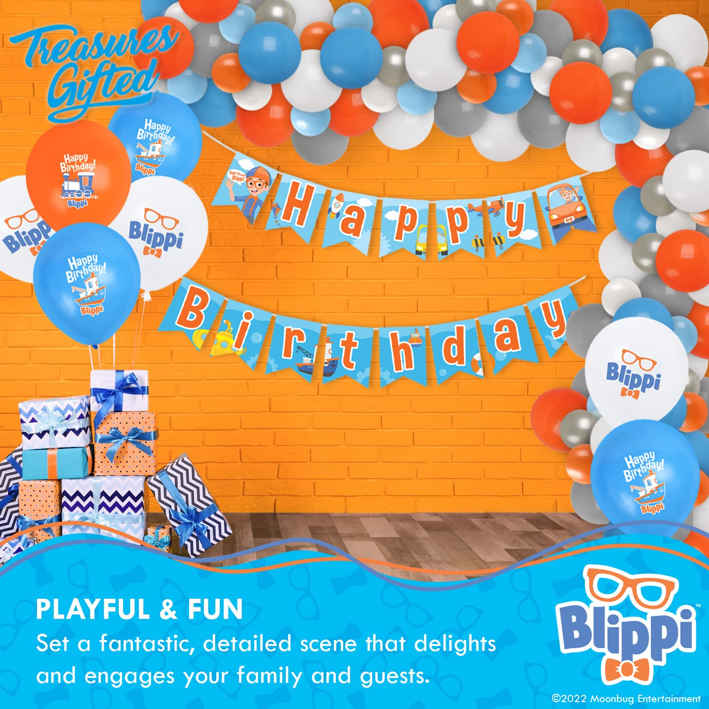 Treasures Gifted Blippi Birthday Party Supplies Vehicle - 12 Pack - Blippi Birthday Balloons Pack - Latex Blippi Balloon - 12 Inch Blippi Balloons Orange, Blue, & White - Blippi Party Supplies