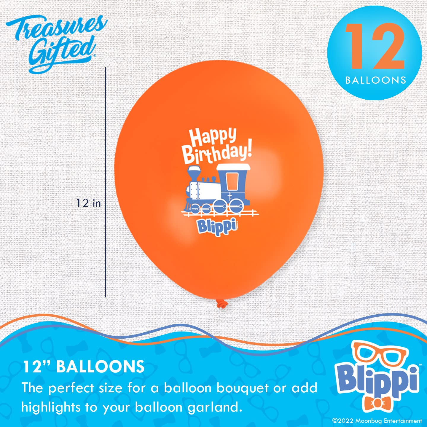 Treasures Gifted Blippi Birthday Party Supplies Vehicle - 12 Pack - Blippi Birthday Balloons Pack - Latex Blippi Balloon - 12 Inch Blippi Balloons Orange, Blue, & White - Blippi Party Supplies