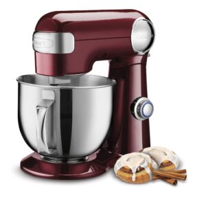 cuisinart stand mixer, 12 speed, 5.5 quart stainless steel bowl, chef’s whisk, mixing paddle, dough hook, splash guard w/ pour spout, pinot noir, sm-50pn
