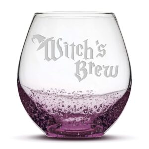 integrity bottles, witch's brew, stemless wine glass, handmade, handblown, hand etched gifts, sand carved, 18oz (bubbly purple)