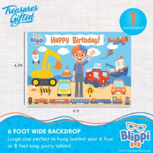 Treasures Gifted Officially Licensed Blippi Birthday Party Supplies - Blippi Backdrop Vehicle - 4.25ft Tall x 6ft Wide Blippi Birthday Backdrop - Blippi Birthday Banner - Blippi Party Decorations