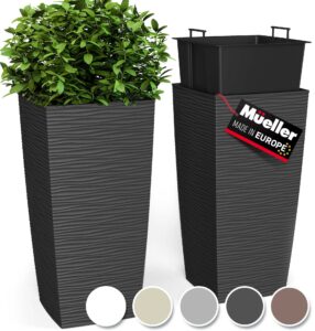mueller m-resin heavy duty tall planter, indoor/outdoor grande plant, tree, flower pot, 2-piece set, 27.5”, modern design, built-in drainage, dark grey