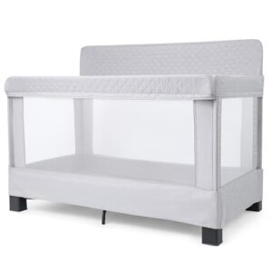 baby delight horizon full size crib, breathable mesh walls, tool-free assembly baby bed, luxe quilted easy to clean fabric, grey