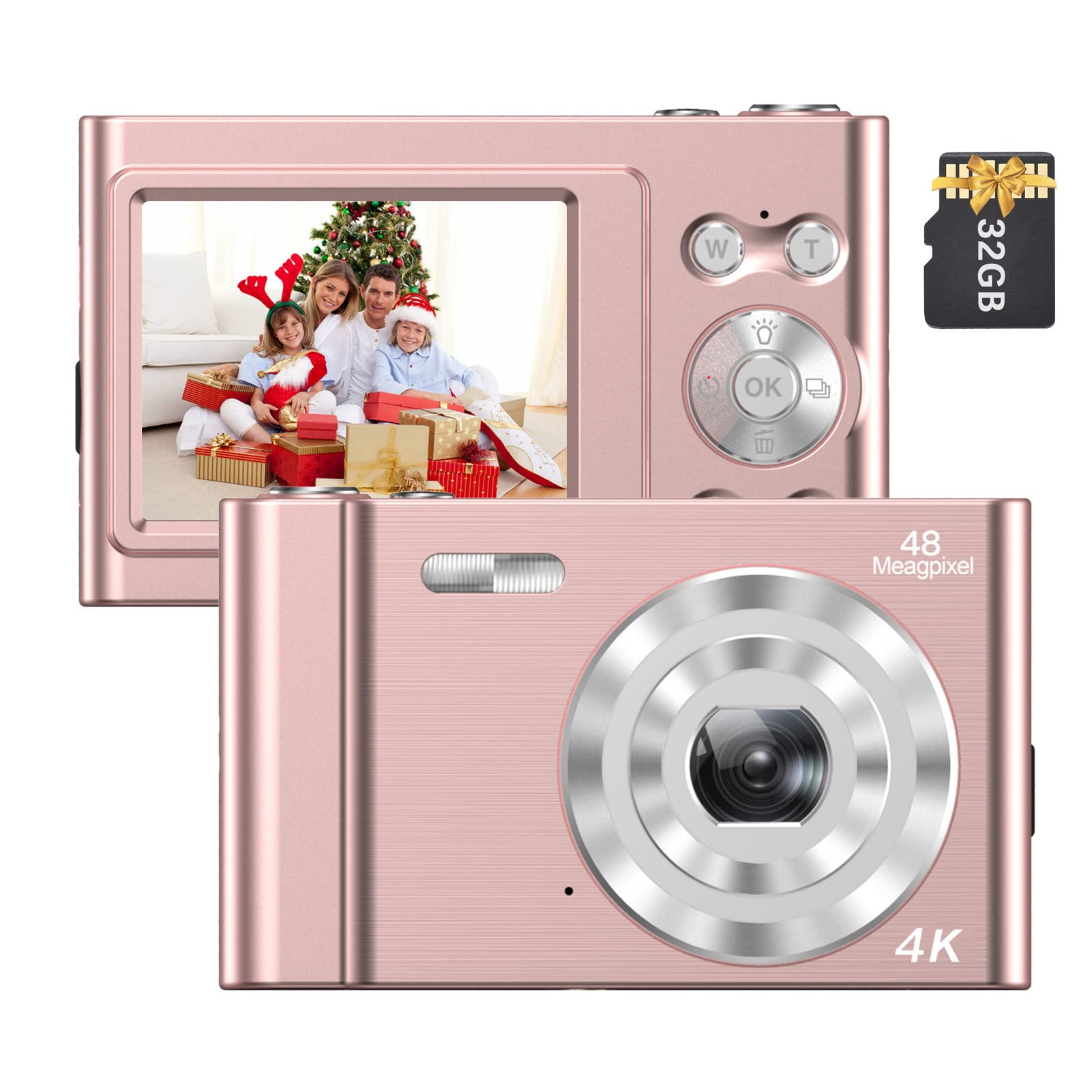 Camnoon 4K Digital Camera 48MP 2.4 Inch IPS Screen Auto Focus 16X Digital Zoom Anti-Shake Face Detect Smile Capture Built-in Flash & Battery with 32GB Memory Card for Kids Teens