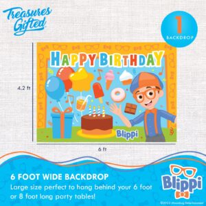 Treasures Gifted Officially Licensed Blippi Birthday Party Supplies - Blippi Backdrop - 4.25ft Tall x 6ft Wide Blippi Backdrop Birthday - Blippi Party Decorations - Blippi Birthday Banner