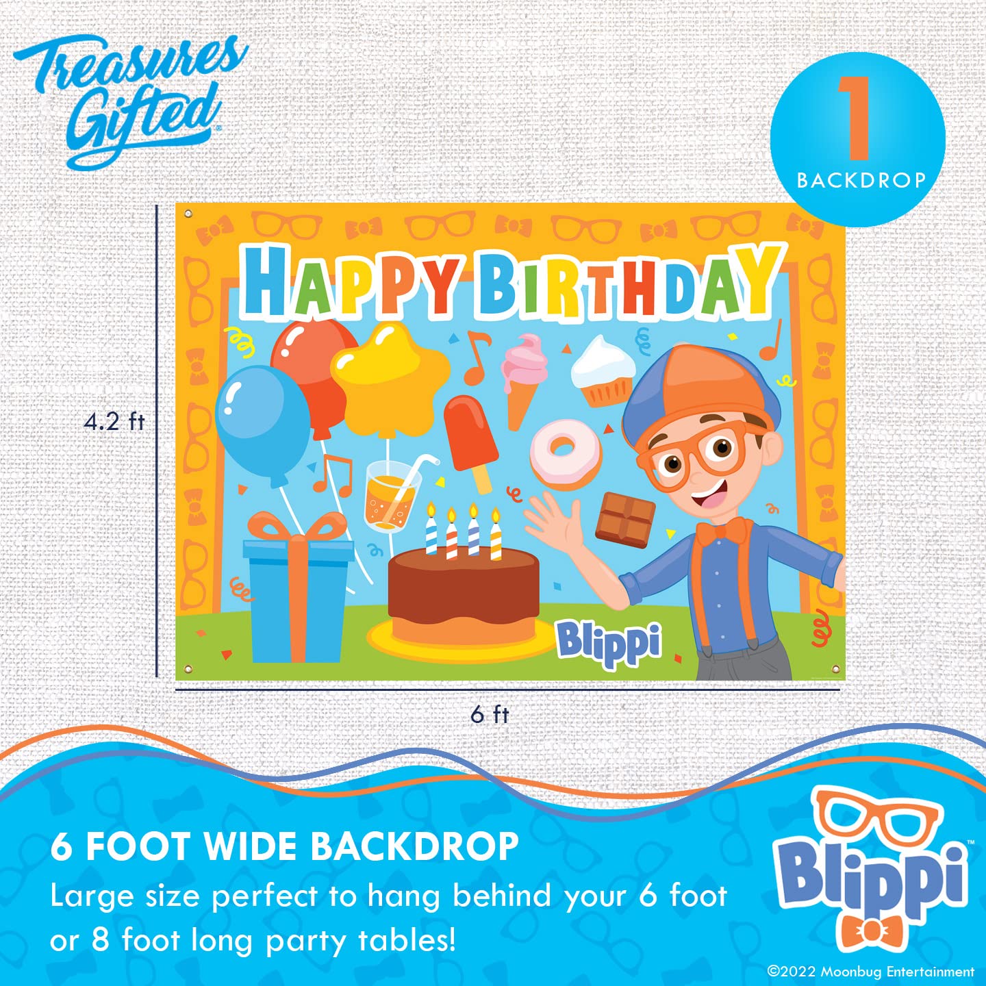 Treasures Gifted Officially Licensed Blippi Birthday Party Supplies - Blippi Backdrop - 4.25ft Tall x 6ft Wide Blippi Backdrop Birthday - Blippi Party Decorations - Blippi Birthday Banner