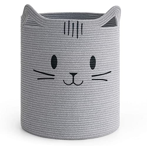 INDRESSME Laundry Basket, Cute Cat Basket with Handles, Tall Woven Basket, Baby Hamper for Nursery, Blanket Basket for Living Room, Storage Basket for Toys, Dirty Clothes, 16"L x 20"H, Grey