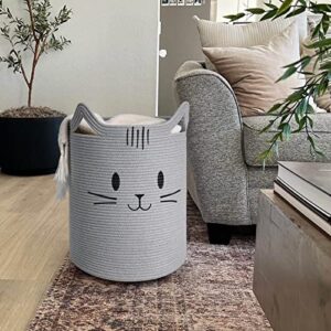 INDRESSME Laundry Basket, Cute Cat Basket with Handles, Tall Woven Basket, Baby Hamper for Nursery, Blanket Basket for Living Room, Storage Basket for Toys, Dirty Clothes, 16"L x 20"H, Grey