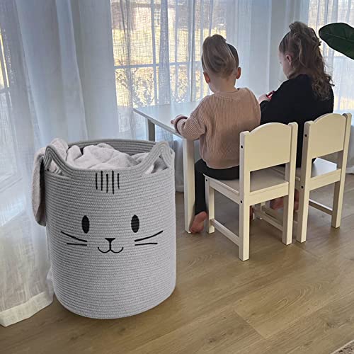 INDRESSME Laundry Basket, Cute Cat Basket with Handles, Tall Woven Basket, Baby Hamper for Nursery, Blanket Basket for Living Room, Storage Basket for Toys, Dirty Clothes, 16"L x 20"H, Grey