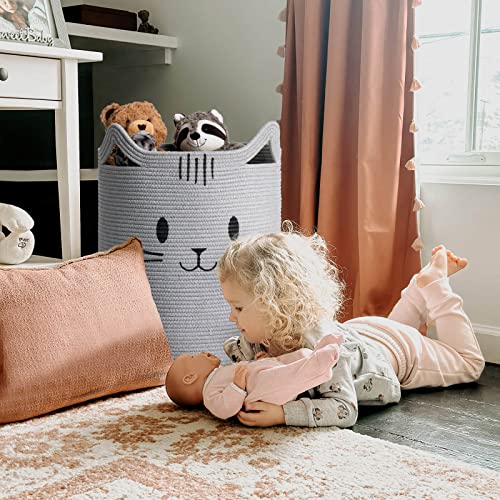 INDRESSME Laundry Basket, Cute Cat Basket with Handles, Tall Woven Basket, Baby Hamper for Nursery, Blanket Basket for Living Room, Storage Basket for Toys, Dirty Clothes, 16"L x 20"H, Grey