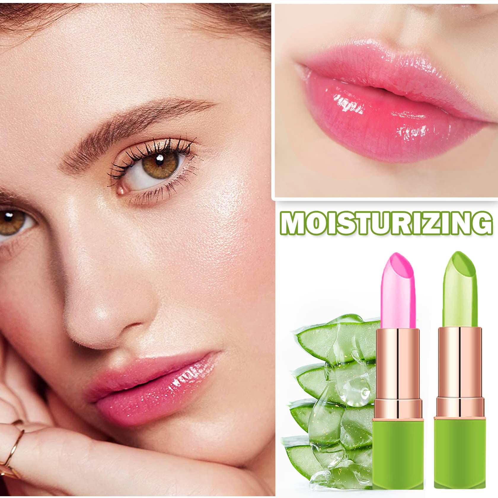 XINGXYUEL 2PCS Aloe Vera Lipstick Magic Color Changing Lip Balm Lip Gloss Long Lasting Moisturizing Gloss Lip Stain for Women Temperature Color Changing Jelly Lipstick Set