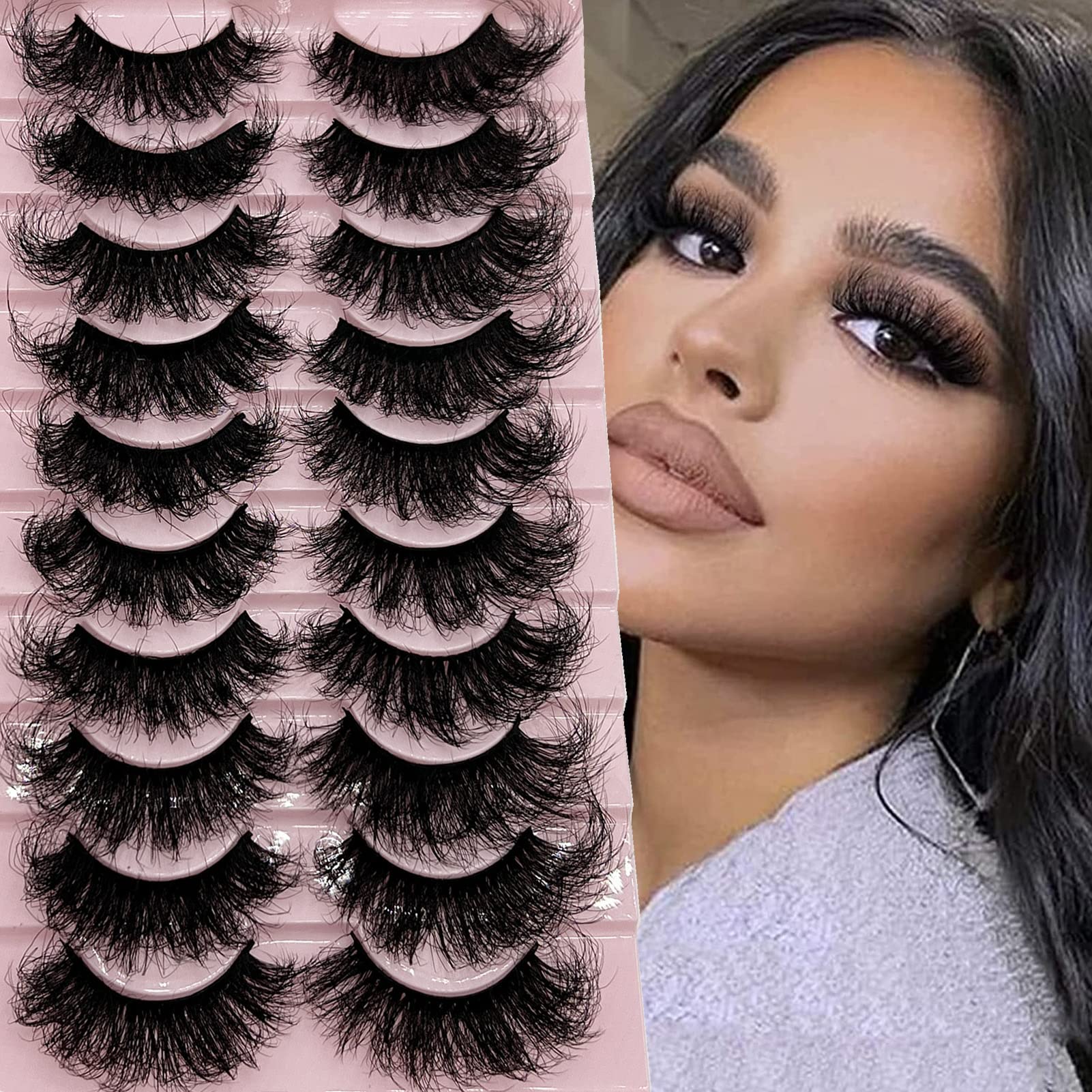 TIKILEY Mink Lashes Fluffy Wispy Eyelashes Mink, 20mm/25mm Long Dramatic D Curl Strip Lashes Cat Eye 3D Mink Lashes Natural False Eyelashes Pack