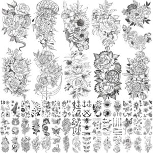 yazhiji 70sheets waterproof temporary tattoo for girls or boys kids 10sheets larger half arm snake sunflower peony fake tattoos for men or women and 60 sheets tiny butterfly feather tat sticker
