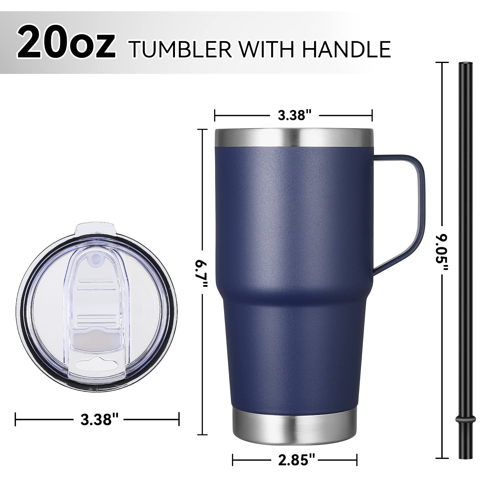 VEGOND 20 oz Tumbler with Handle Lid and Straw, Stainless Steel Insulated Travel Coffee Mug Spill Proof Double Wall Metal Tumbler Cup Keeps Drink Hot and Cold, Navy Blue 1 Pack