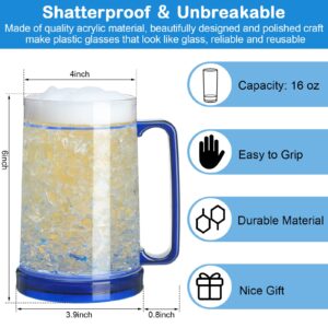 Freezer Beer Mugs with Gel, 16oz Double Wall Insulated Mug, Plastic Mugs with Handles, Freezer Mug for Beer, Clear Double Wall Gel Freezer Mugs for BBQs and Parties (Red/Orange/Blue/Green, 6 Pcs)
