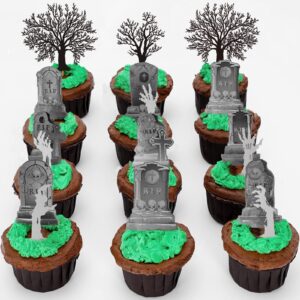 Whaline 37Pcs Halloween Cupcake Toppers Zombie Hand Tombstone Graveyard Cake Toppers Scary Halloween Toothpick Flags Table Centerpiece for Halloween Birthday Party Supplies Dessert Decorations