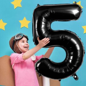 Large Black Number 5 Balloons, 40 Inch Foil Balloons, Giant Number Balloons for Women/Men Birthday Party Anniversary Celebration Decorations