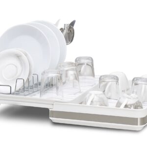 Alta by Auggie Chino Expandable Dish Drying Rack with Drainage Spout, Stainless Steel, Movable Utensil Drainer, (White)