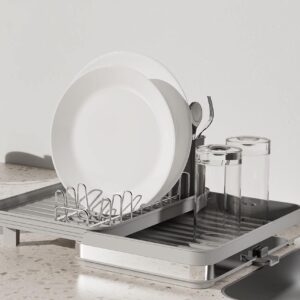 Alta by Auggie Chino Expandable Dish Drying Rack with Drainage Spout, Stainless Steel, Movable Utensil Drainer, (White)