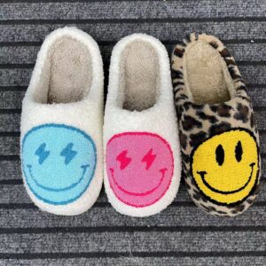 Women's Men's Happy Screw Lightning Happy Face Slippers Love heart-shaped slippers cat slippers Retro Leopard Print Happy Face Memory Foam Soft Plush Slippers Warm Anti-Slip Home Shoes Pink 43-44